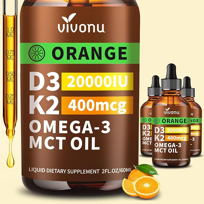 VivoNu Vitamin D3 K2 Drops D3 20000 IU &amp K2 as MK-7 400mcg Orange Flavor Vitamin D Liquid Drops Supplement with Magnesium Calcium Zinc &amp Omega 3 for Immune* Mood* Bone* Health