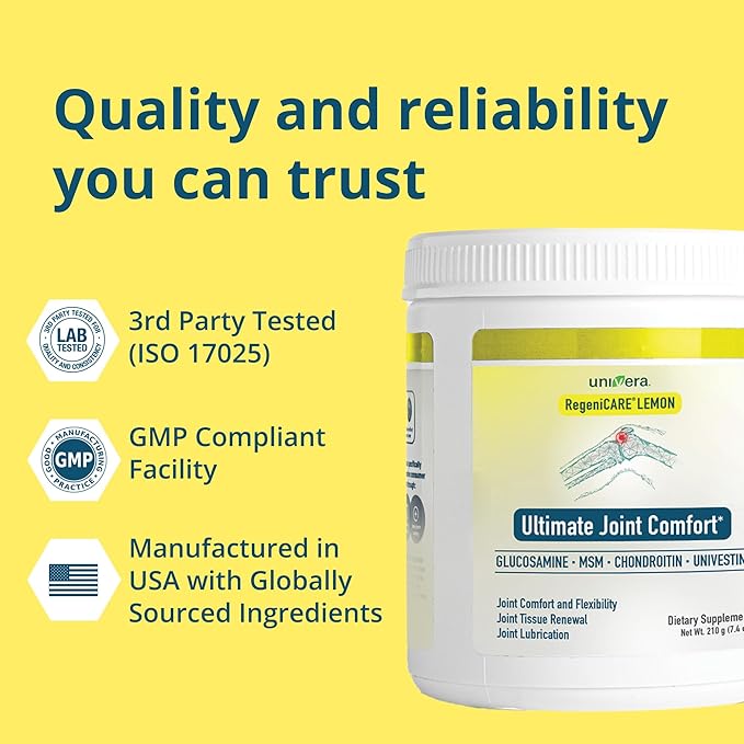Univera RegeniCARE Canister Glucosamine Chondroitin MSM Univestin Restores Cartilage Supports Joint Comfort + Mobility + Flexibility 30-Day Supply (Lemon Flavor)