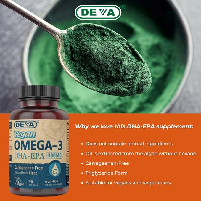 DEVA Vegan DHA-EPA Nutritional Supplement Non-Fish Derived from Algae 300 mg Potency 90 Vegetarian Softgels - Pack of 2