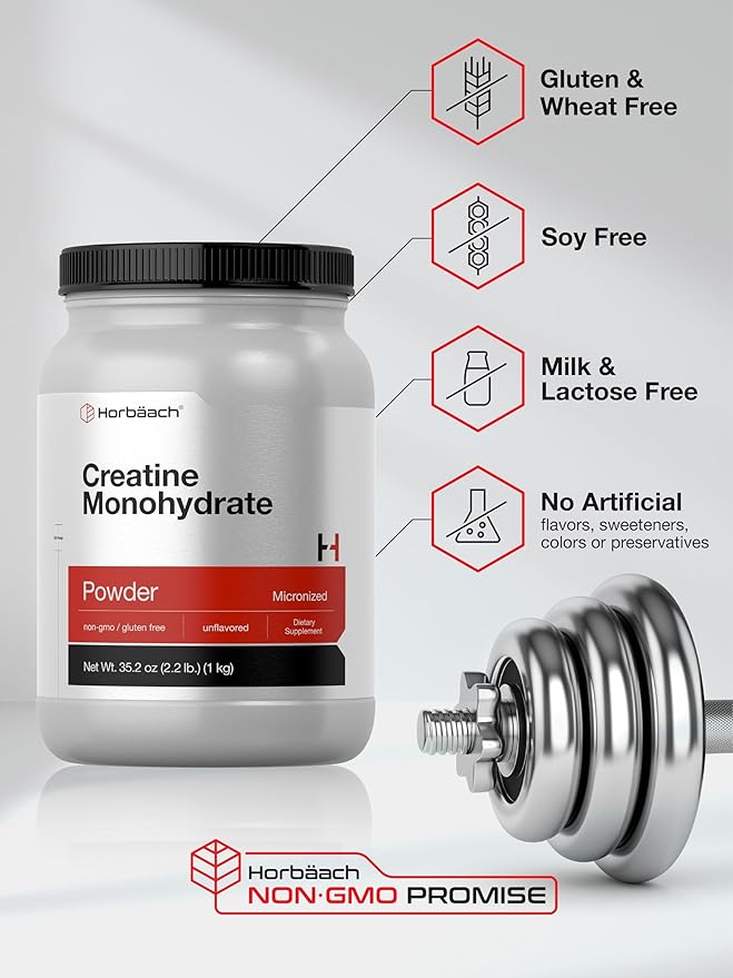 Horbäach Creatine Monohydrate Powder | 2.2lbs (35.2 oz) | Micronized and Unflavored | Vegetarian Non-GMO and Gluten Free Supplement