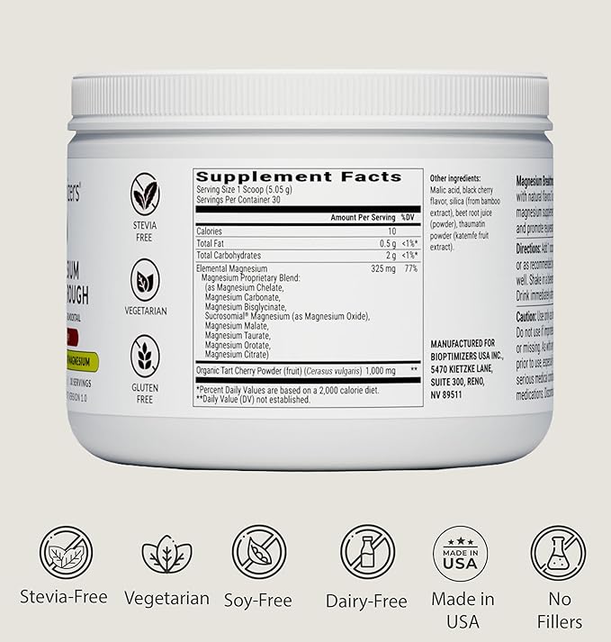 BIOptimizers Magnesium Breakthrough Drink - 8 Forms of Magnesium Electrolytes Sleep Health Stress Muscle Recovery Heart Support | Glycinate Citrate Malate- Tart Cherry
