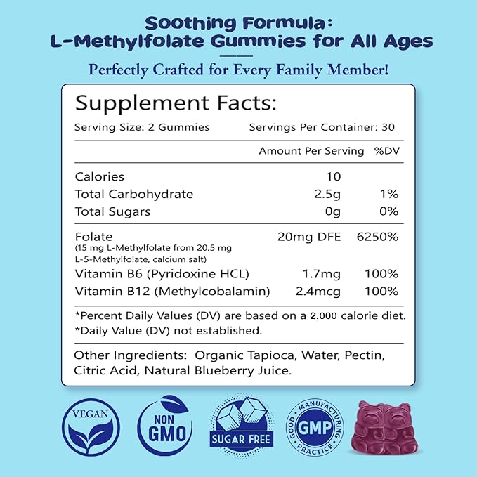 2 Pack L-Methylfolate Gummies with Methyl B12 - Empower Mood Optimize Brain Health &amp Fortify Immune System. Blueberry Flavor 120 Count.