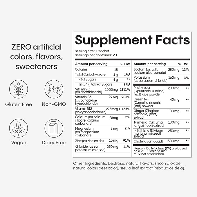 Hydralyte Liver Support + Electrolyte Mix with Milk Thistle Turmeric Ginger Prickly Pear Green Tea Extract Formulated for Rapid Rehydration (Peach Passion Ginger 20 Packets)