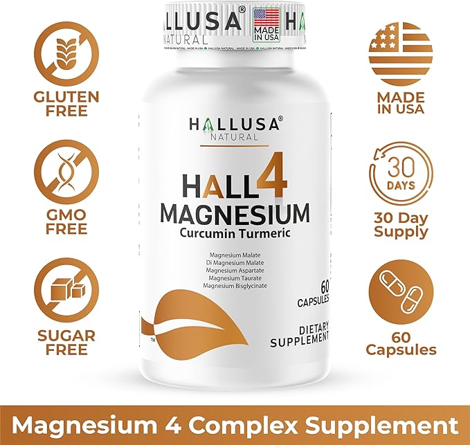 Magnesium 4 Complex + Curcumin Turmeric 60 Capsules Bisglycinate Malate Aspartate &amp Taurate Magnesium Complex Supplement for Energy Muscle Nerve Joint &amp Relaxation Support