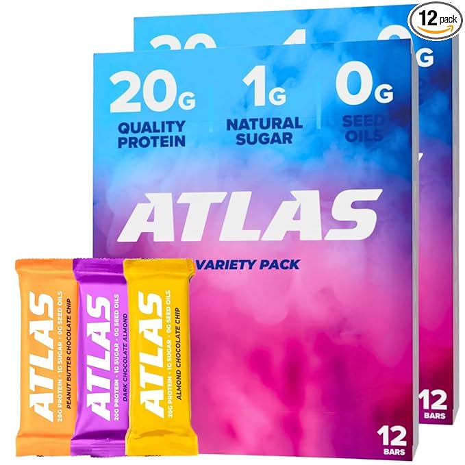 Atlas Bar – 20g Protein 1g Sugar 0g Seed Oils 0g Sugar Alcohols (Variety Pack 12 Count) (24 Count Variet)