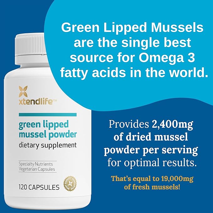 Xtendlife Green Lipped Mussel Powder - 2400mg Supplement with Omega-3 Fatty acids from New Zealand for Joint Health 120 Capsules (3 Pack)