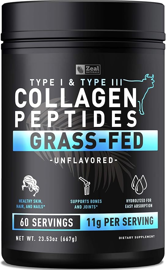 Zeal Naturals Hydrolyzed Collagen Peptides Powder 10g Protein | Grass-Fed Collagen for Women &amp Men | Essential Amino Acids | Hair Skin Nails Bone Health | 60 Servings Unflavored 23.53 oz.