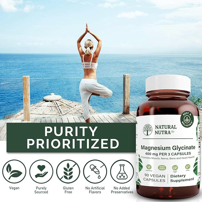 Natural Nutra Magnesium Glycinate 400 mg Supplement Promotes Cardiovascular Health Vegan Helps Improve Bone Health Soy Free 90 Capsules