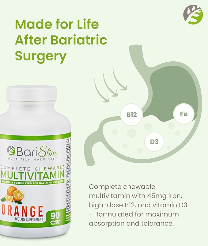 BariSlim Complete Chewable Bariatric Multivitamin Tablets - 45 mg Iron - Bariatric Vitamin &amp Supplement for Post Bariatric Surgery Including Gastric Bypass &amp Gastric Sleeve | Orange | 90 Table