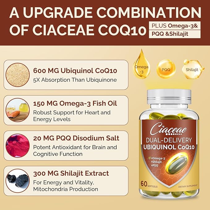 Ubiquinol CoQ10 600 MG Softgels with Omega-3 &amp Shilajit &amp PQQ Advanced Dual-Delivery Coenzyme-Q10 Active CoQ10 Ubiquinol Supplement for Fertility Antioxidant Heart Brain &amp Energy 600