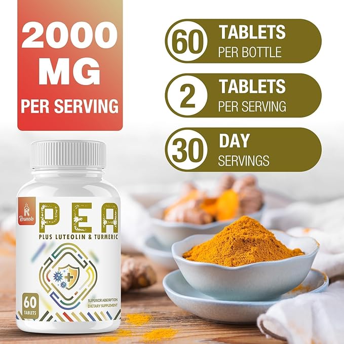1500 MG Palmitoylethanolamide with Luteolin 98% &amp Turmeric High Absorption Micronized Pea Supplement for Discomfort Management- USA Made - 60 Tablets