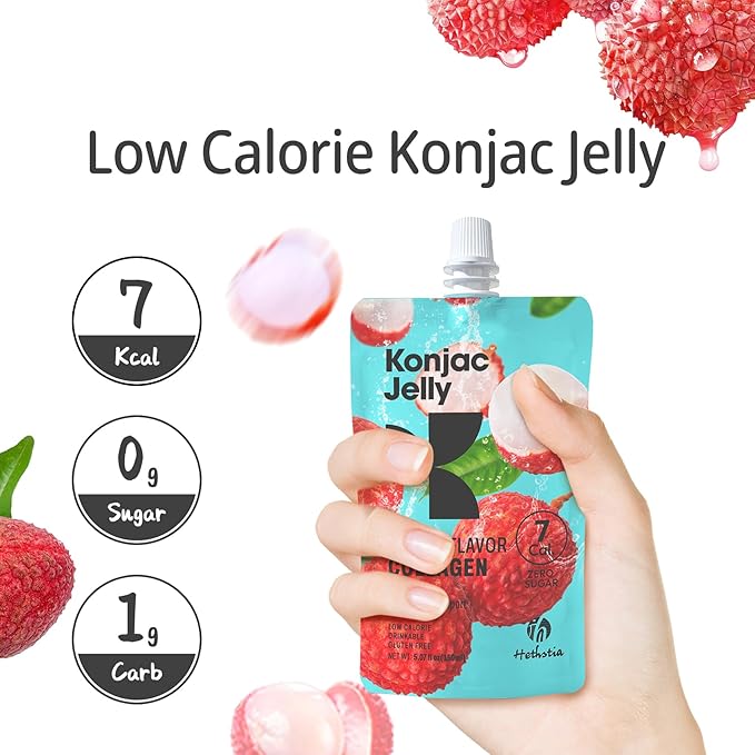 Hethstia Konjac Jelly 10 Pouches Drinkable Lychee Konjac Jelly with Collagen Peptides Low Calorie Litchi Jello Vitamin C Light Snacks Sugar Free Keto Gluten-Free Healthy Food Gifts