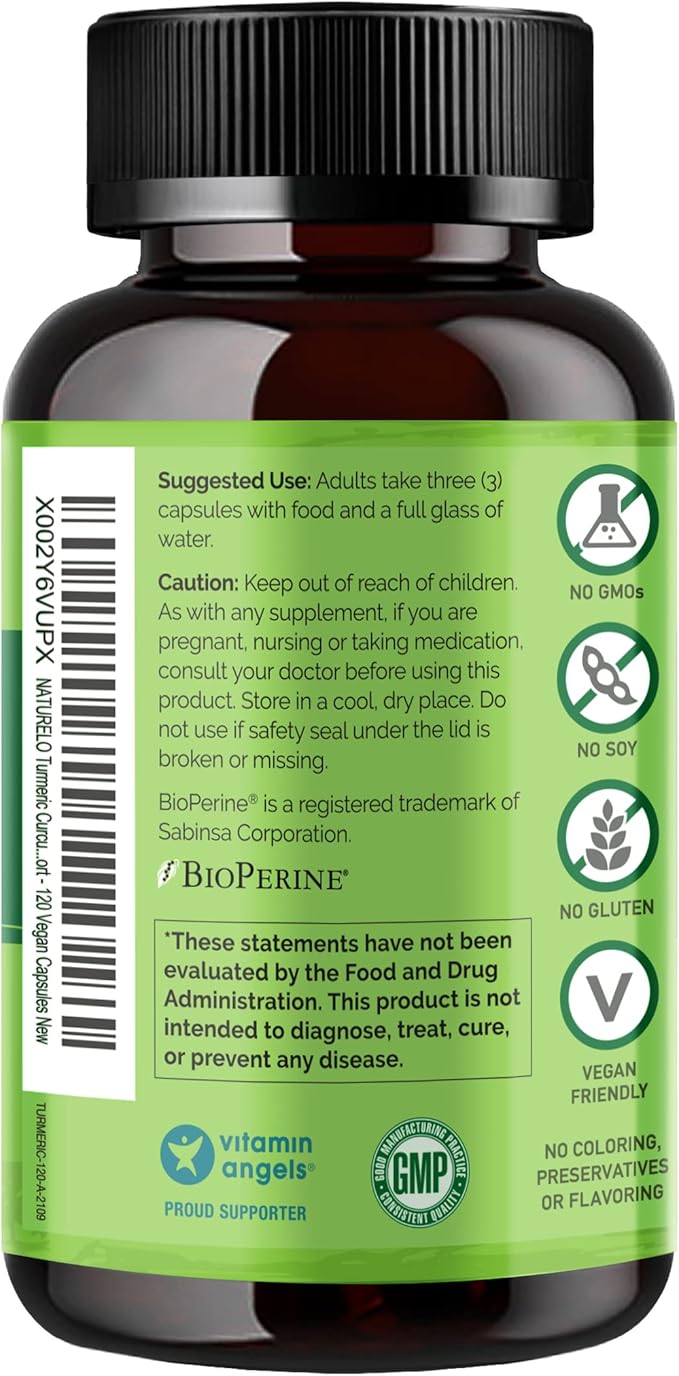 NATURELO Turmeric Curcumin - BioPerine for Better Absorption - Black Pepper Ginger Root Curcuminoids - Plant-Based Joint Discomfort Support - 120 Vegan Capsules