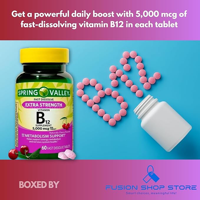 B12 Fast Dissolve 5000mcg- Vitamins Cherry Flavor 60 Tablets (Pack of 1) Boxed by Fusion Shop Store
