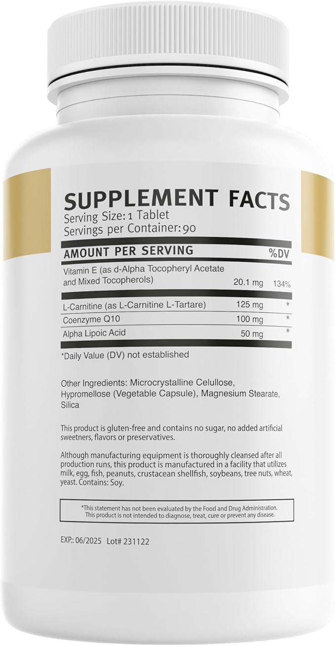 CoQ10 Plus More. Contains Also L-Carnitine Alpha-Lipoic Acid and Vitamin E for Muscle Recovery &amp Energy (90 Count)