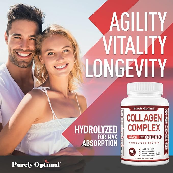 Purely Optimal Premium Multi Collagen Peptides Capsules (Types I II III V X) - Hair Skin and Nails Digestive &amp Joint Health Supplement Hydrolyzed Collagen Pills (90 Capsules)