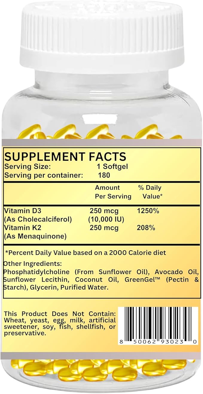 Nikoni Liposomal Vitamin D3 10000 IU Vitamin K2 (MK-7) 250 mcg Infused with Coconut &amp Avacado Oil Easy to Swallow Supports Calcium Absorption Bone Health 180 Vegan Softgels