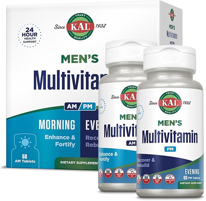 KAL Men's Multivitamin AM/PM Antioxidants Supplement Muscle Immune Electrolyte Balance Overall Wellness Support Made Without GMOs and Soy Vegan 30 Servings 120 Tablets