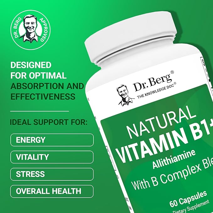 Dr. Berg Natural Vitamin B1 B6 B12 Complex - Allithiamine Vitamin B1 Supplement with 8 Essential Vitamin B Complex for Men &amp Women Including Thiamin Niacin Folate Magnesium &amp More - 60 Caps