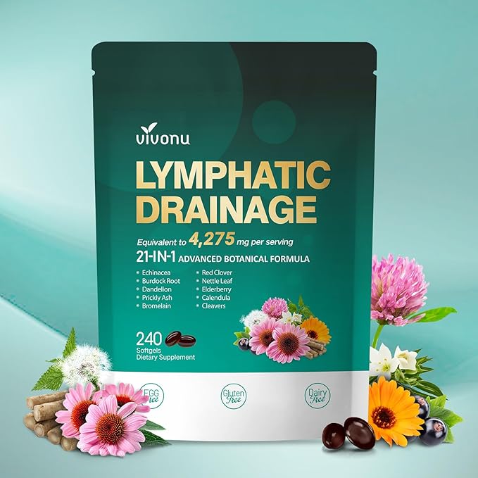Lymphatic Drainage Supplement 240 Softgels 4275mg Lymph System Support Supplement for Women &amp Men 21-in-1 Herbal Blend with Echinacea Dandelion Burdock Bromelain Calendula Turmeric &amp M