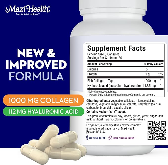 Maxi Health Marine Collagen Pills – 1000 mg Type 1 Collagen for Women &amp Men with Hyaluronic Acid Supplement for Joint &amp Skin Support – Unflavored Clean Kosher Capsules (90 Maxicaps)