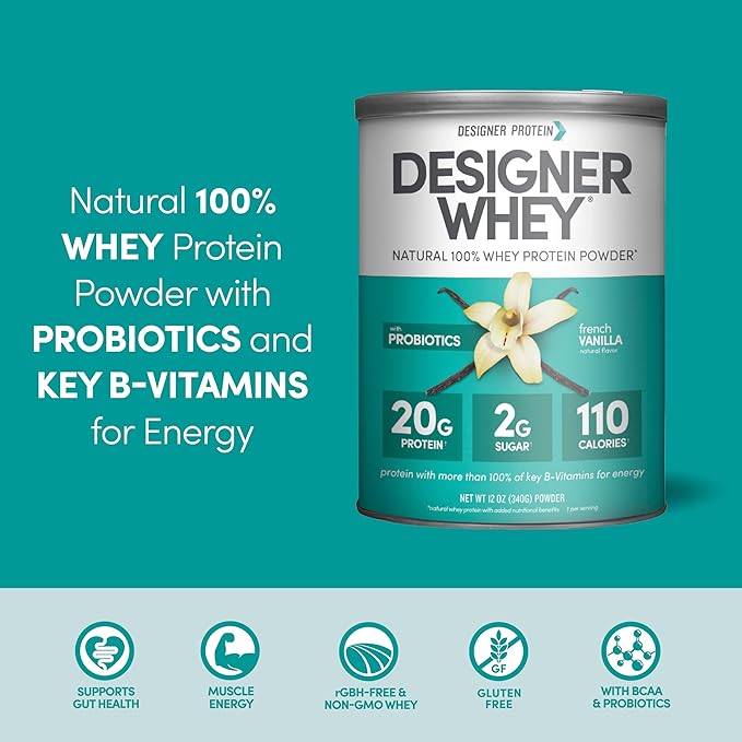 Designer Wellness Designer Whey Natural Whey Protein Powder with Probiotics Fiber and Key B-Vitamins for Energy Gluten-Free French Vanilla 12oz