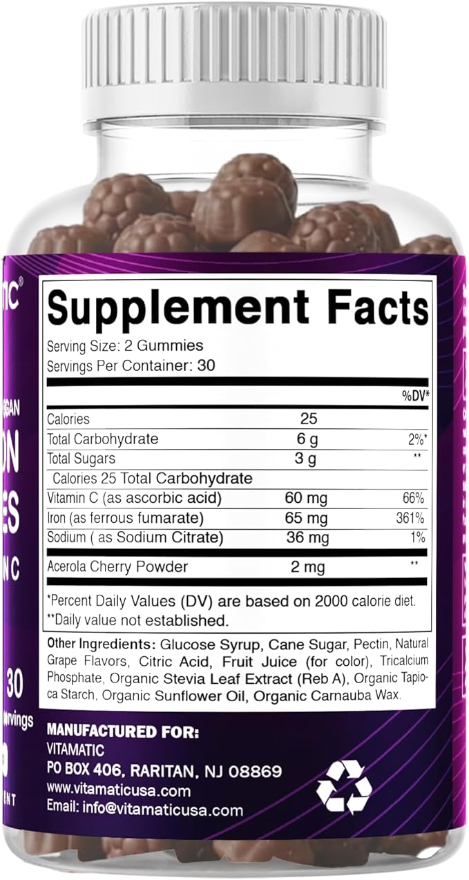 Vitamatic Iron 65 mg Gummies Supplement for Women &amp Men - 60 Vegan Gummies - Great Tasting Iron Gummy Vitamins with Vitamin C (2)