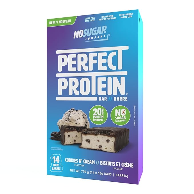 No Sugar Perfect Protein Bar - Cookies &amp Cream Flavor | 20g High Protein Zero Sugar Diabetic-Friendly High Fiber Keto-Friendly Low Calorie Nutrient Rich Healthy Snack | 14 Bars (55g)