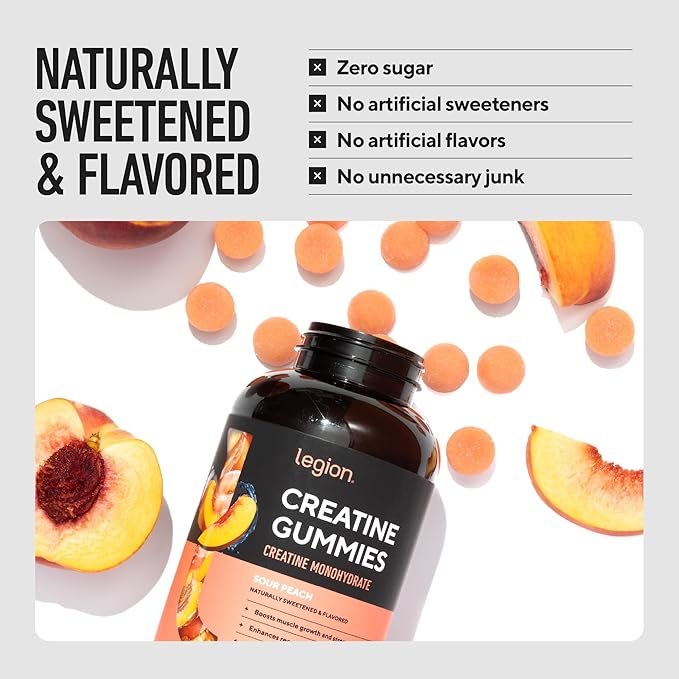 LEGION Creatine Monohydrate Gummies - Clean Creatine Chewables for Muscle Gain Improving Endurance &amp Post Workout Recovery - Creatine Supplement for Maximum Absorption (Sour Peach)