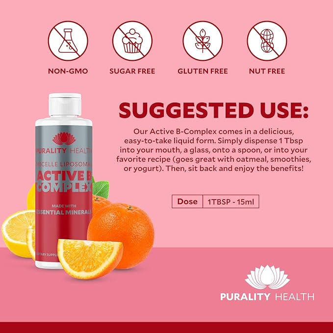 Vitamin B Complex Liquid Supplement Purality Health Liposomal Enhanced Absorption B1 B2 B3 B5 B6 B12 &amp Biotin + Essential Minerals 15 Day Supply