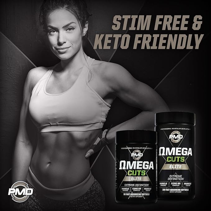 PMD Sports Omega Cuts Elite Fat Loss-Muscle Defining Formula - Omega Fatty Acids MCT's and CLA for Muscle Definition and Maintenance - Keto Friendly for Women and Men - Stimulant Free (90 Softgels)