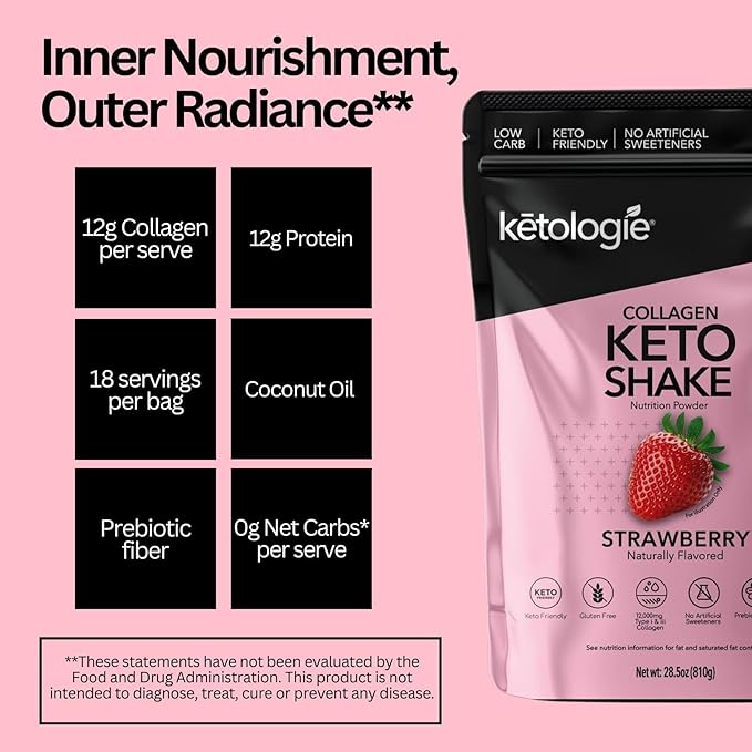 Keto Collagen Shake (Vanilla) - with Coconut Oil Prebiotics Grass Fed Hydrolyzed Collagen Peptides Type I &amp III Low Carb Gluten Free1.78lbs. (810g Strawberry)