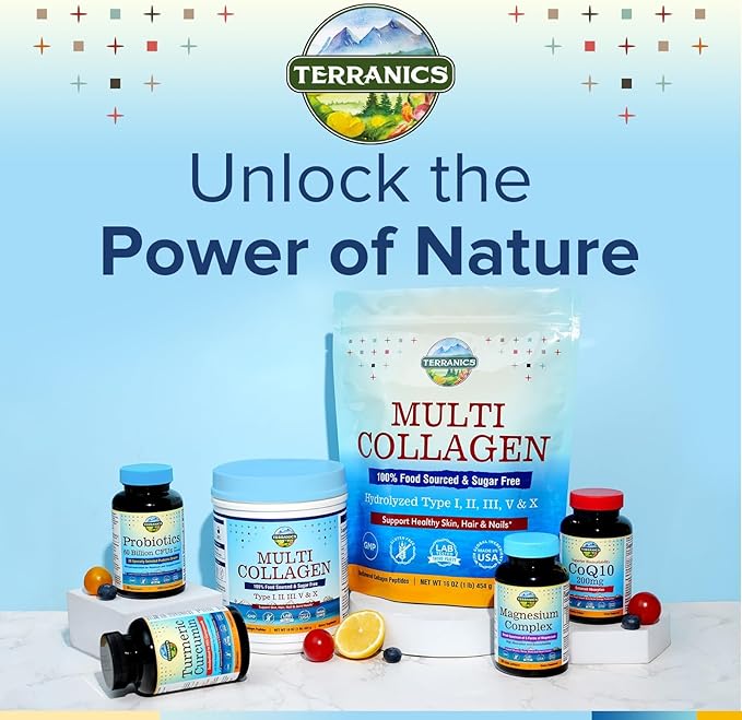 Terranics Multi Collagen Peptides Powder 1lb 20g Per Serving Hydrolyzed Collagen Type I II III V X Bovine Marine Chicken &amp Eggshell No Sugar Keto Beauty &amp Movements Support Unflavored