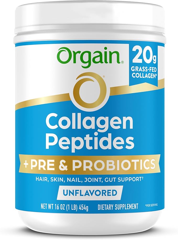 Orgain Hydrolyzed Collagen Peptides + Prebiotic &amp Probiotics Powder for Women &amp Men 20g Grass Fed Collagen 1 Billion CFU - Supports Digestive Hair Skin &amp Joint Health Non-GMO Type I