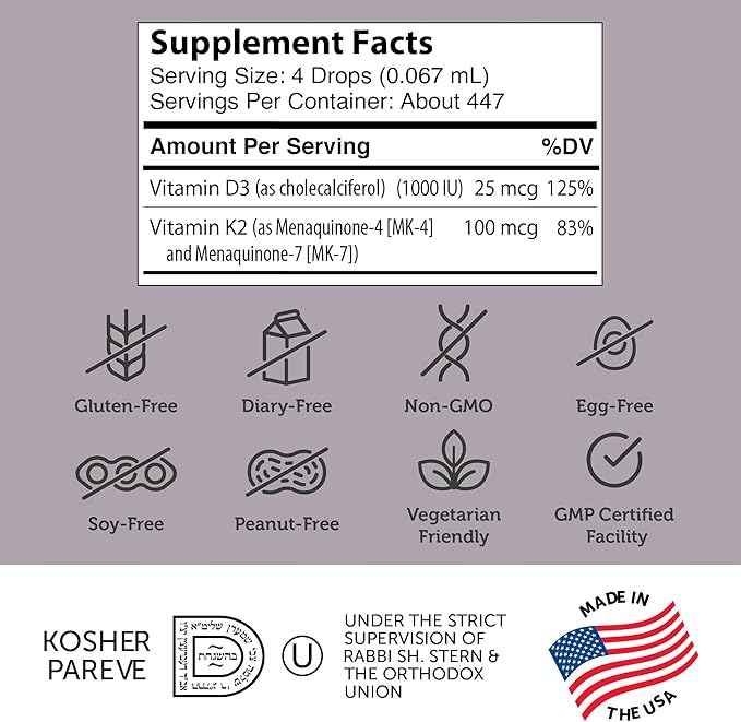 Zahler Vitamin D3 K2 Drops Liquid D3 with K2 1000IU of Vitamin D and 1000mcg of K2 per Serving Supports Bone Density and Calcium Absoprtion 1Fl Oz.