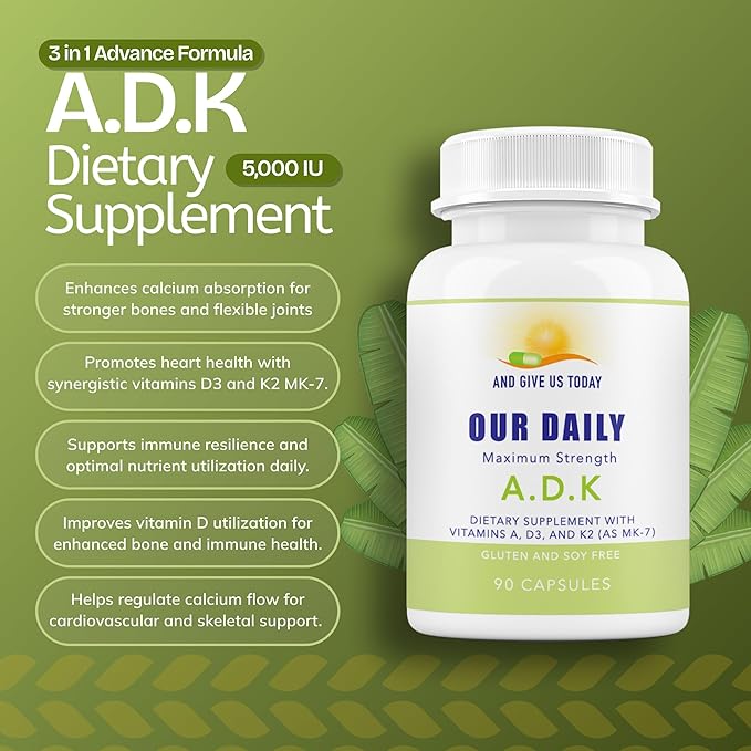 Daily Vites ADK Vitamin Supplement 5000 IU 90 Capsules - 3 Months Supply - High Potency Vitamin A D3 &amp K2 (MK-7) - Physician Formulated ADK for Bone Heart &amp Immune Support - Non-GMO Glute