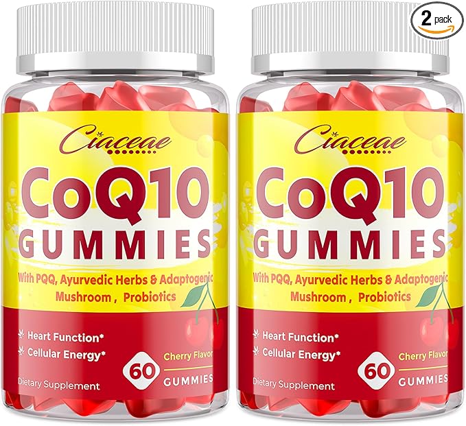 CoQ10 Gummies with PQQ - 400 MG Coenzyme Q10 High Potency Enhanced with Ayurvedic Herbs Adaptogenic Mushroom Blend &amp Probiotics for Heart Brain Energy Immunity Cherry Flavor 120 Vegan Gummi