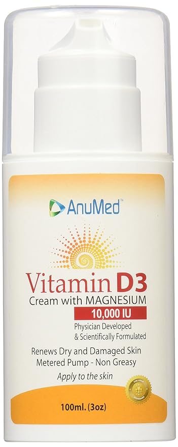 ANUMED - Vitamin D3 10000 IU Cream with Magnesium + Hyaluronic Acid + Vitamin E for Beautiful and Healthy Skin Care. Promotes Stronger Bones Muscles Joints Heart Immune System Non-Greasy (3oz)