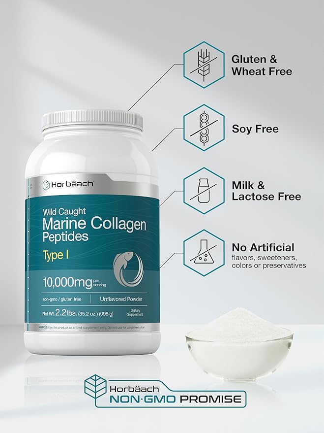 Horbäach Marine Collagen Peptides Powder 2.2 lb | for Skin Hair and Nails | Type I Hydrolyzed Fish Collagen | Unflavored | Keto Paleo Non-GMO Gluten Free Supplement