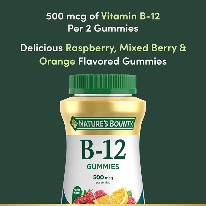 Nature's Bounty Vitamin B12 Gummies Dietary Supplement Supports Energy Metabolism and Nervous System Health Mixed Berry Flavor 500mcg 160 Count