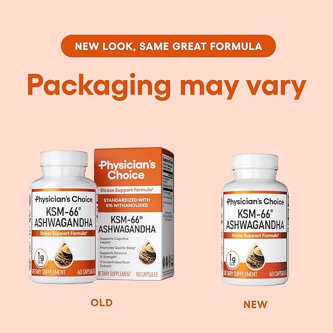 Physician's CHOICE KSM-66 Ashwagandha Root Powder Extract 1000mg - Organic - with Black Pepper for Maximum Absorption - 5% Withanolides - Stress Mood &amp Athletic Support - 60 Vegan Capsules