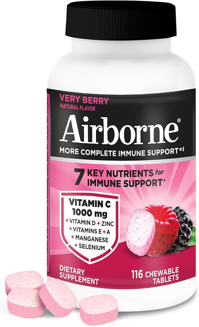 Airborne Vitamin C 1000mg (per Serving) - Very Berry Chewable Tablets (116 Count in a Bottle) Gluten-Free Immune Support Supplement with Vitamins A C E Zinc Selenium Ginger Antioxidants