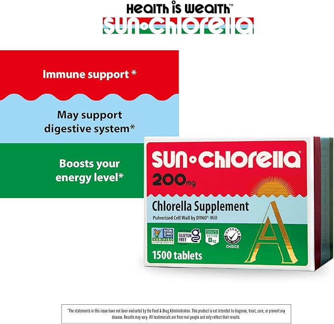 Sun Chlorella 200 mg Green Algae Superfood Supplement - Pulverized Cell Wall - Chlorophyll CGF Active B12 Iron Protein - Non-GMO - 1500 Tablets