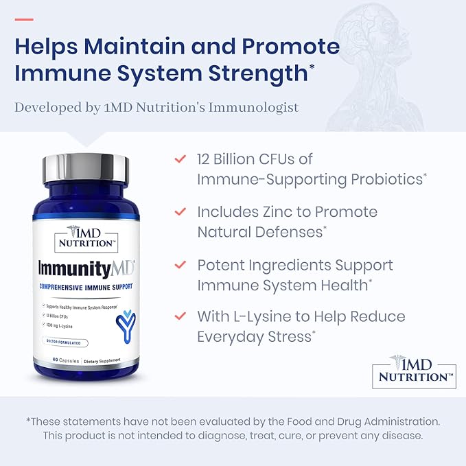 1MD Nutrition ImmunityMD - Immune Health Probiotic | Potent Doctor-Selected Probiotic Strains with Prebiotic - Promote Overall Immune System Strength Reduce Everyday Stress | 60 Capsules