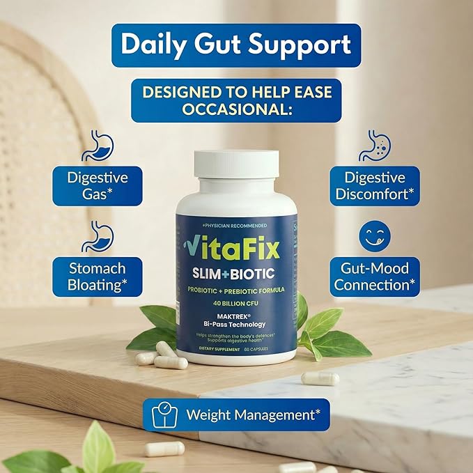Probiotic &amp Prebiotic SlimBiotic Synbiotic – 40 Billion CFU with MAKTREK® Bi-Pass Tech Helps Gut Health &amp Digestion Regularity Bloat Immune &amp Weight Loss For Women and Men (60 Ct) Glu