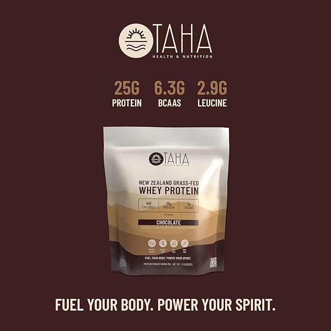 Taha Health &amp Nutrition Chocolate Flavored Whey Protein Concentrate Powder 25g Protein 140 Calories 2g Sugar | New Zealand Grass-Fed Free-Range Dairy | Gluten and Soy Free Keto Kosher | 2LB