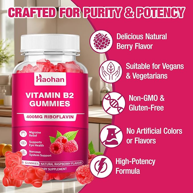 Haohan Vitamin B2 400mg with Magnesium Gummies for Migraine and Nervous System Support in Sugar-Free Vegan Raspberry Flavor 120 Count for Adults and Kids