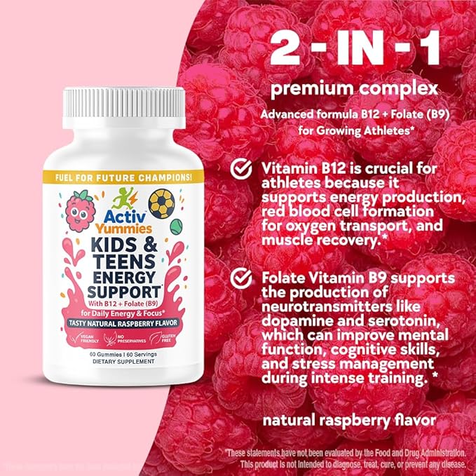 Kids &amp Teens Energy Support with Vitamin B12 + Folate (B9) - Supports Energy Production Brain Function &amp Metabolism - Gluten Free - Raspberry Flavor - Soft Chew 60 Gummies (60 Servings)