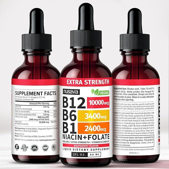 NUSAVA (2 Pack Extra Strength Liquid Vitamin B12 Sublingual Vitamin B Complex - B12 Drops 10000mcg - Methylcobalamin for Energy Brain and Heart Support Raspberry Flavor 2 floz 80 Servings