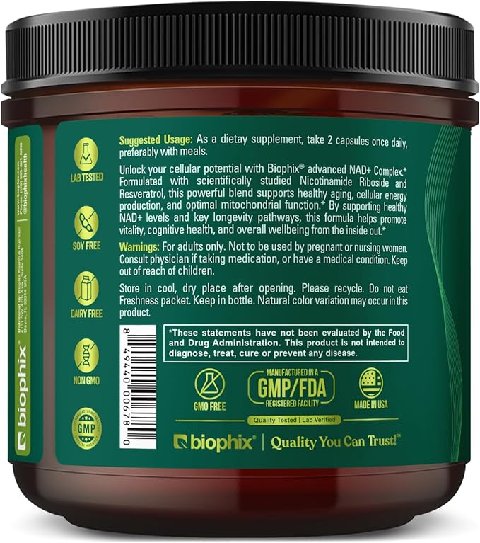 biophix NAD+ Liposomal Supplement for Women &amp Men - 1000 mg per Serving - Nicotinamide Riboside Micronized Resveratrol &amp Quercetin Complex - 100 Veg Capsules - Non-GMO Gluten-Free cGMP Cert
